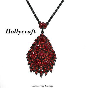 Rare Hollycraft Red Rhinestone Pendant Necklace, Black Enamel Japanned, 1950s